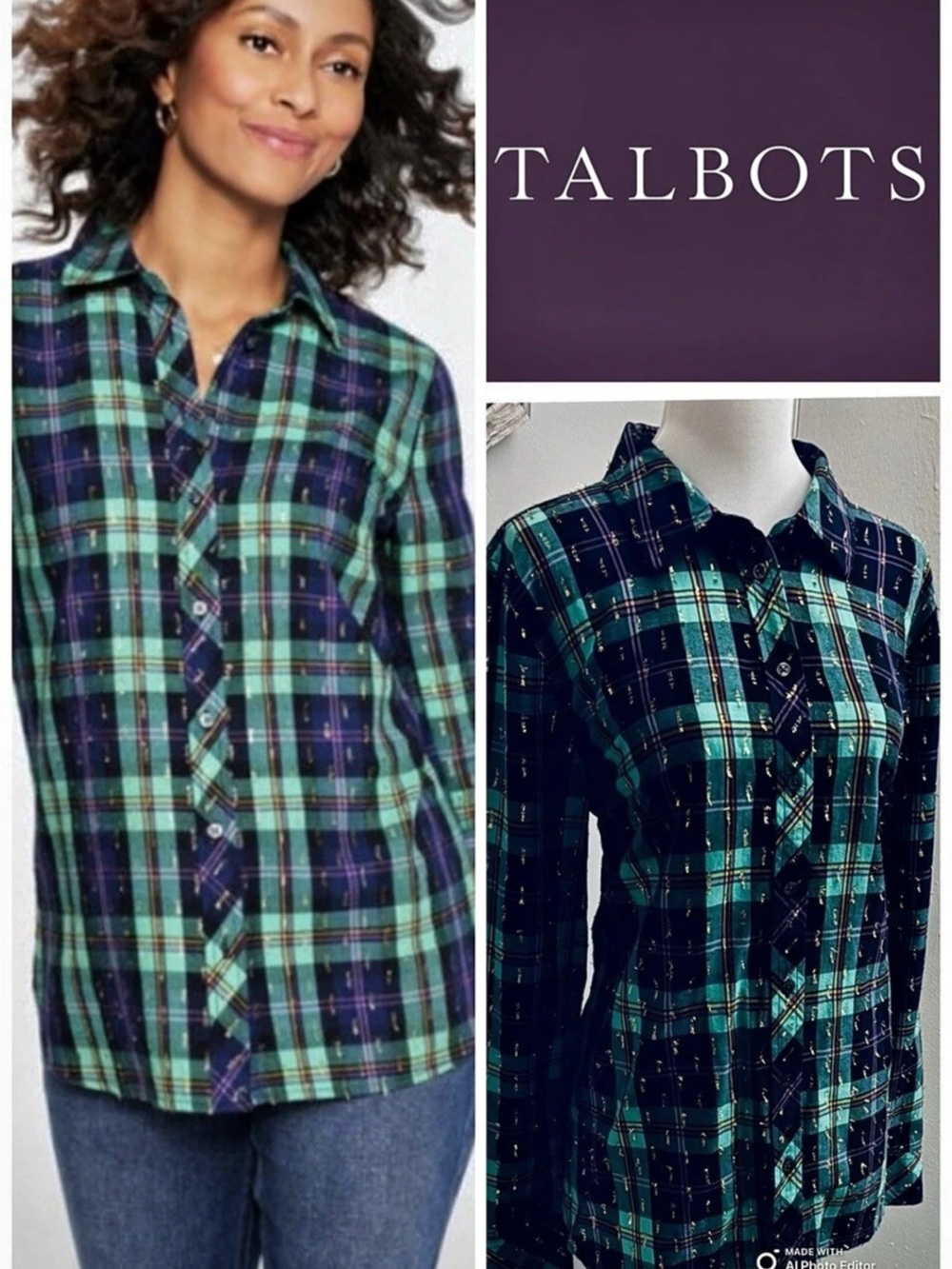 NWT!! Talbots Metallic Plaid Button Down Shirt in Green, Purple& Gold